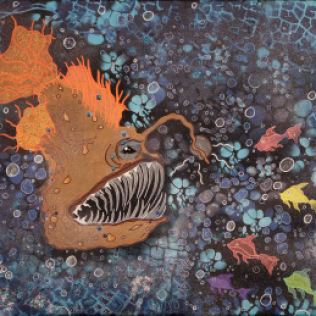 "Franz der Laternenfisch: "I am your Light in the Dark"", 50x60, Acrylfarbe, Acrylstifte, Acrylspray, Glitzerfarbe und Streuglitzer auf schwarzer Leinwand , Preis auf Anfrage.