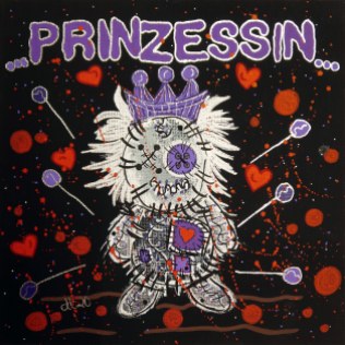 "ESVBM Prinzessin", 20x20, Acrylfarbe, Acrylstifte, Acrylspray, Glitzerfarbe und Streuglitzer auf schwarzer Malpappe, Preis auf Anfrage.